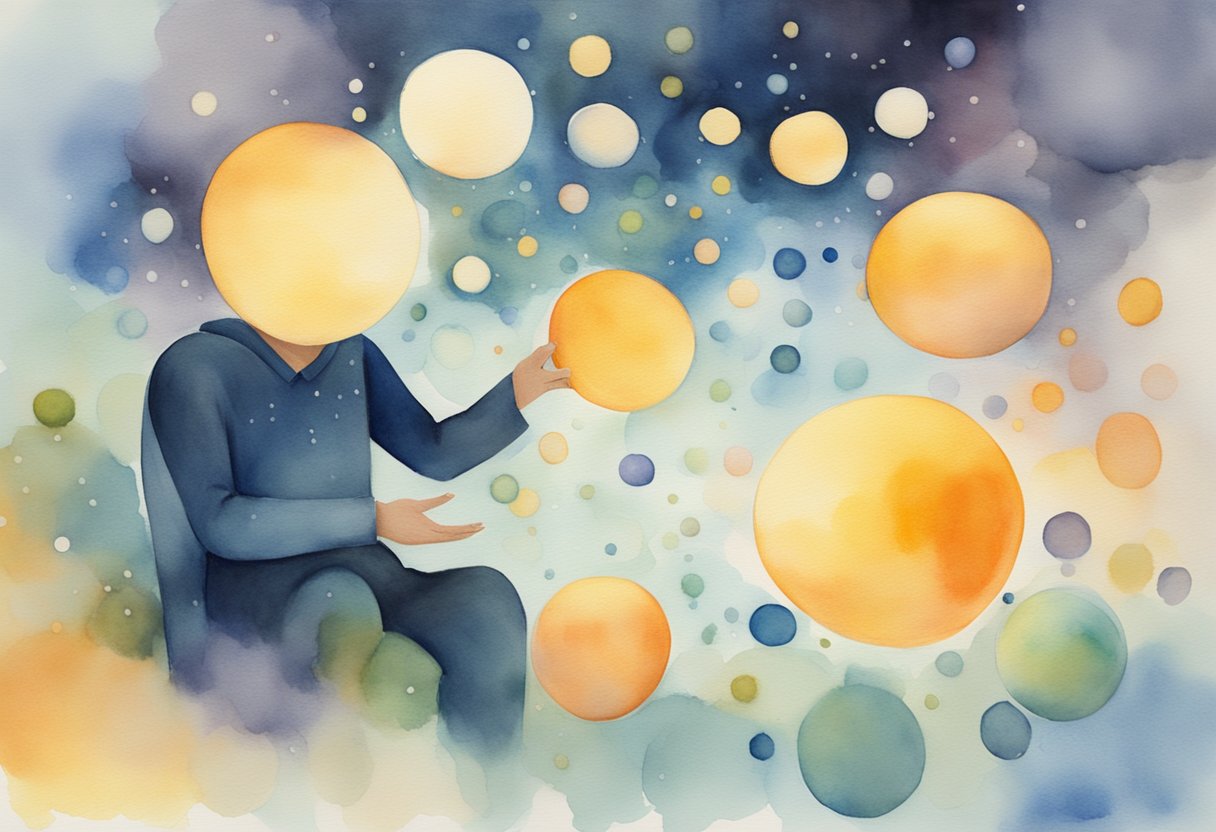 A person surrounded by floating, glowing orbs, speaking in diverse languages