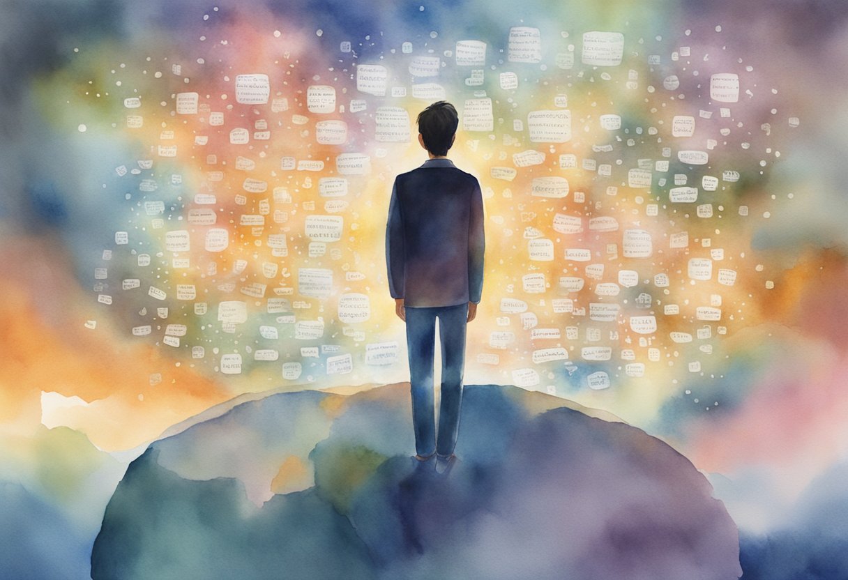 A person surrounded by floating words in various languages, with a glowing aura around them