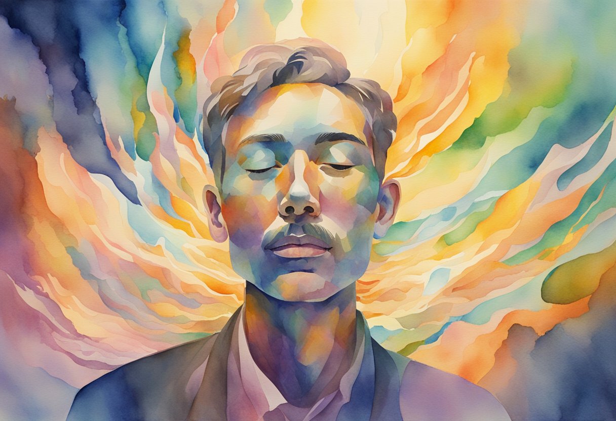 A person surrounded by a radiant glow, with streams of light emanating from their mouth in various colors and shapes