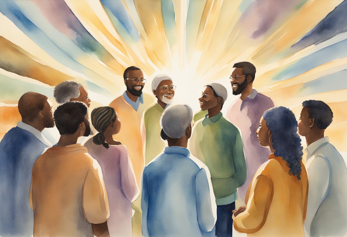 A group of diverse people stand in a circle, each speaking in a different language. Rays of light shine down on them, symbolizing the gift of tongues