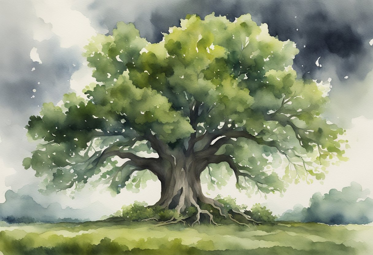 A towering oak tree with deep roots and lush green leaves, standing strong against a stormy sky