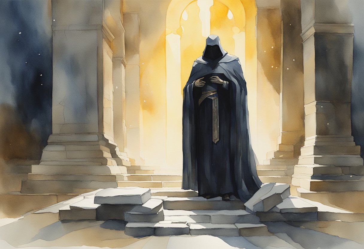 A dark, ominous figure looms over a shattered, ancient tablet, while a radiant light shines from above, illuminating the scene