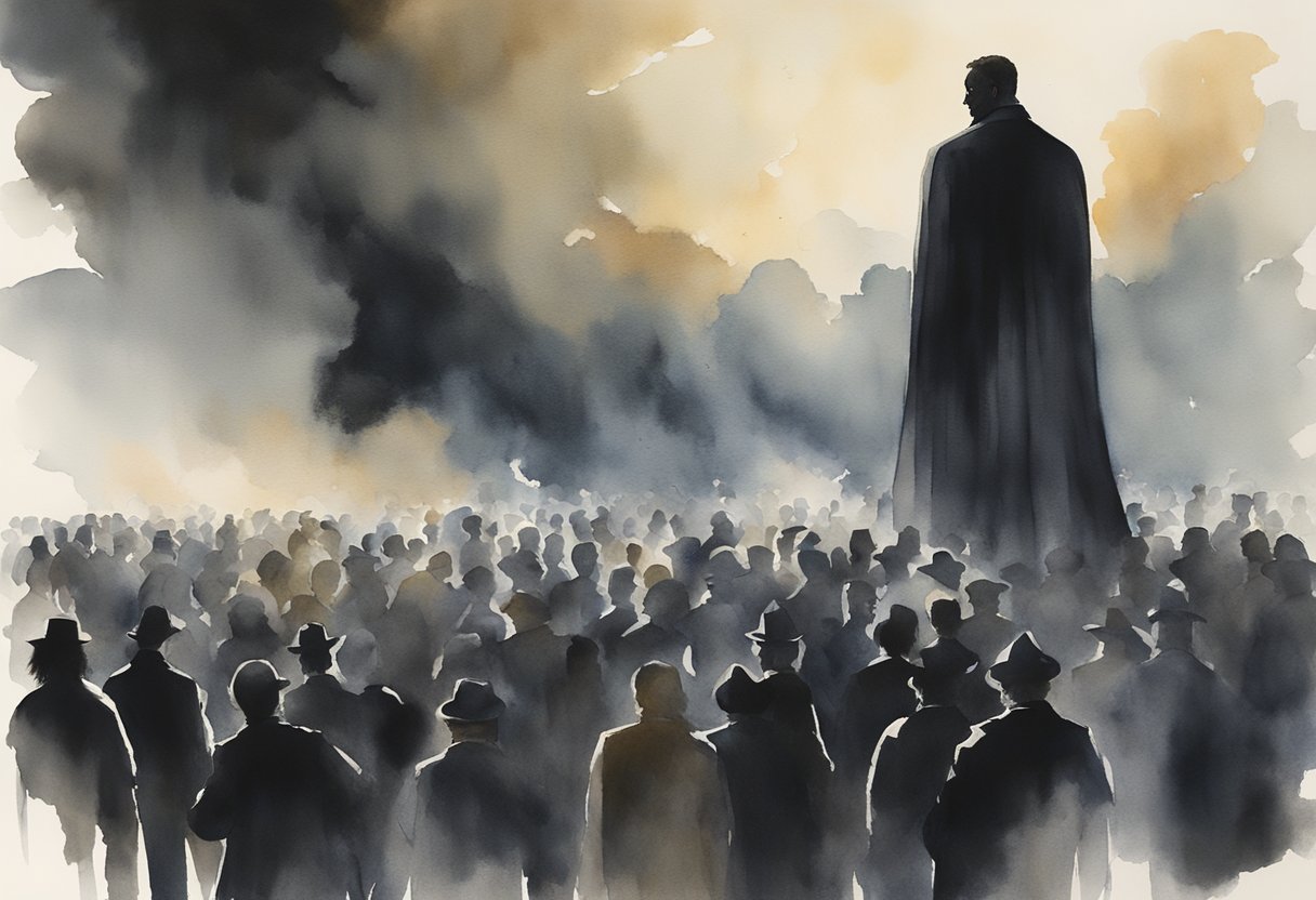A dark, ominous figure looms over a crowd, casting a shadow of fear and uncertainty. The air is heavy with tension as people look on with apprehension