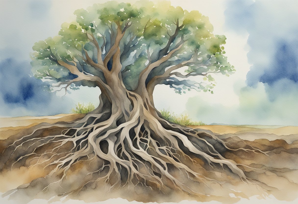 A tree's roots reaching deep into the earth, intertwining with the soil and rocks, while its branches extend towards the sky, connecting with the surrounding environment