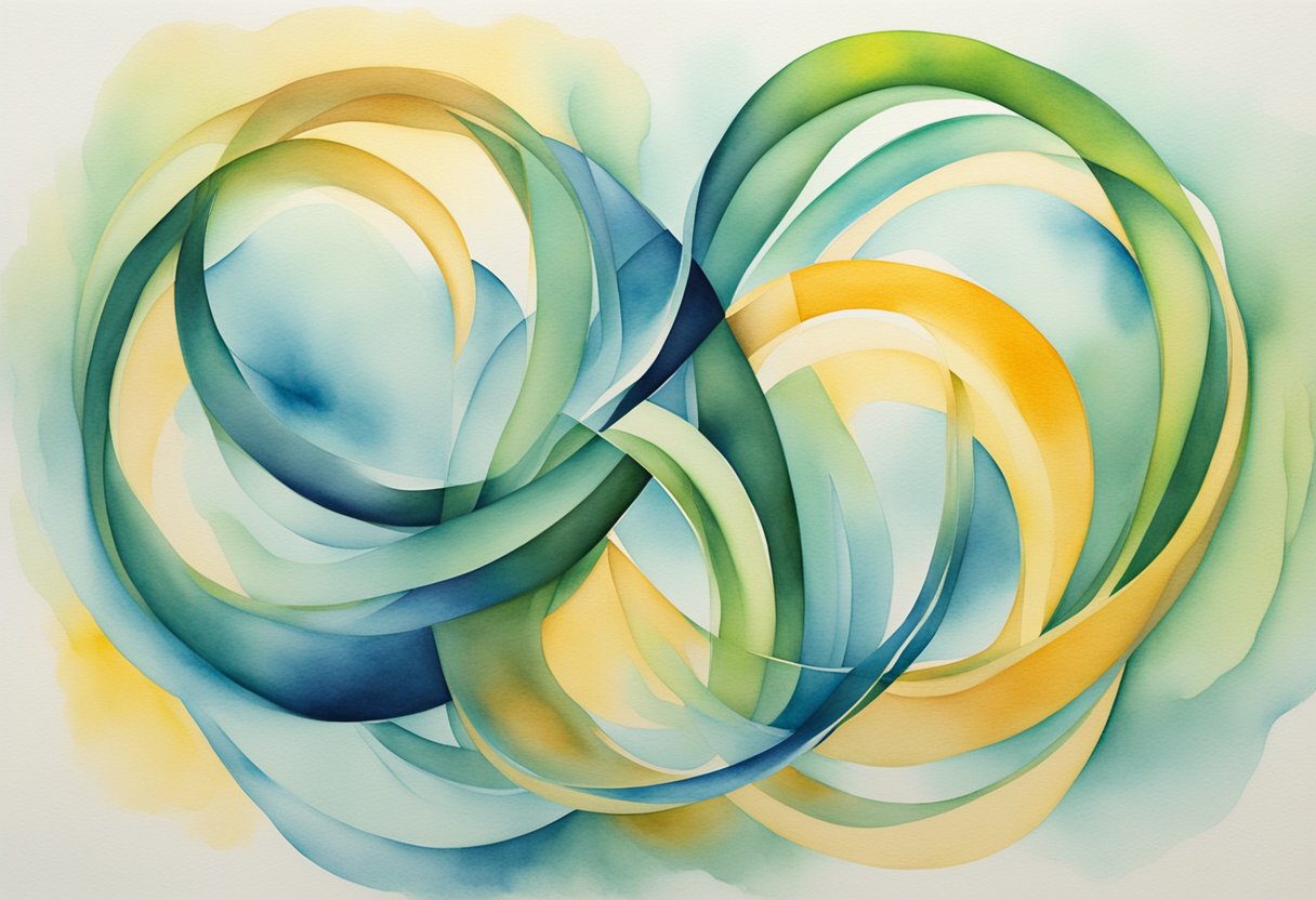 Three abstract forms entwined, emitting energy and light, symbolizing the synergy of the physical body