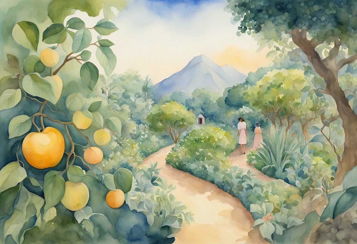 A lush garden with a serpent and forbidden fruit, a man and woman cast out, and a barren, thorn-filled earth beyond