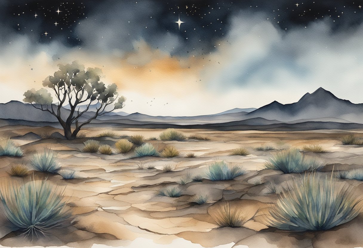 A barren, desolate landscape with cracked earth and wilting plants, overshadowed by a dark, foreboding sky filled with swirling clouds and distant stars