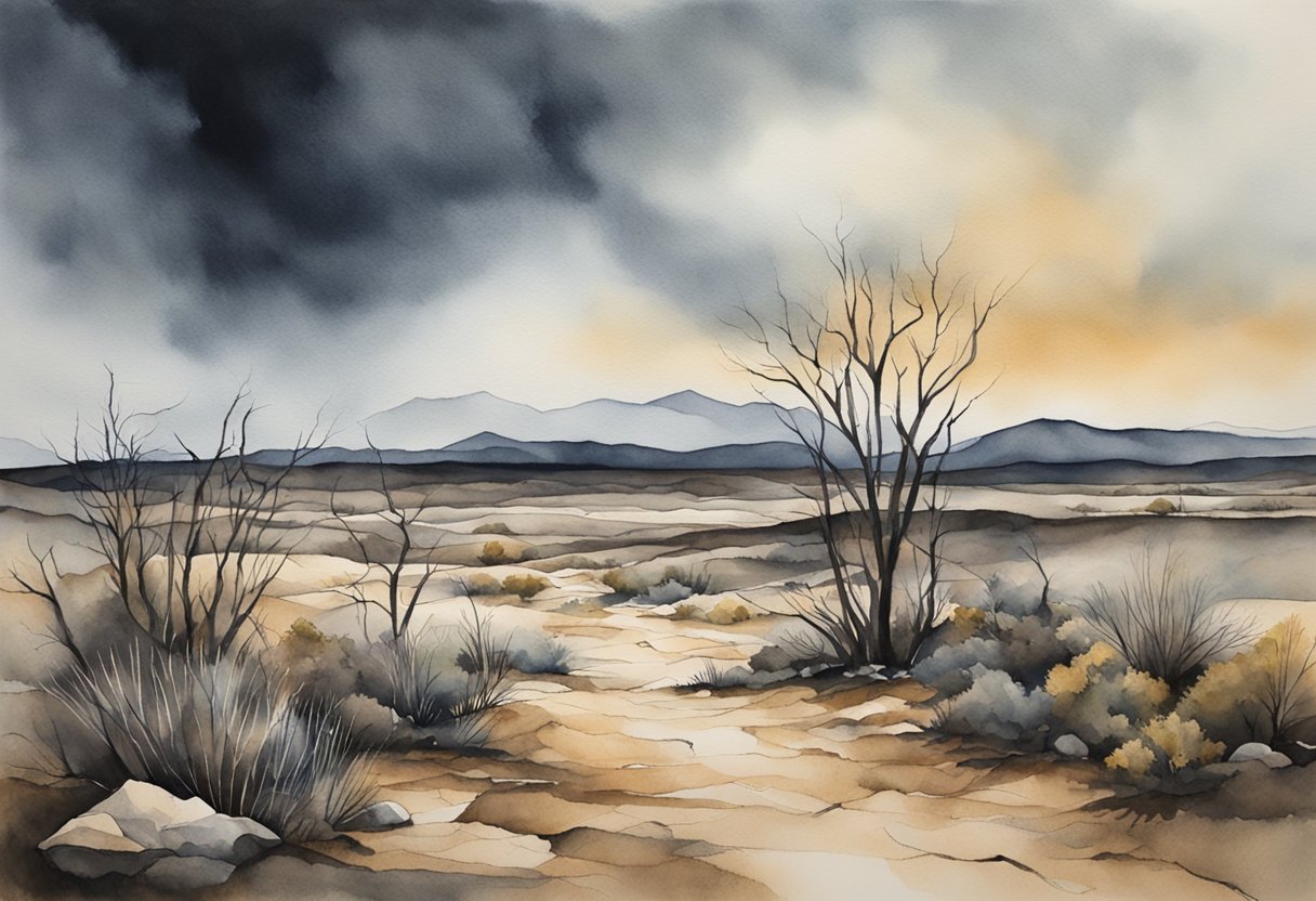 A barren, desolate landscape with wilted plants and cracked earth, under a dark, foreboding sky
