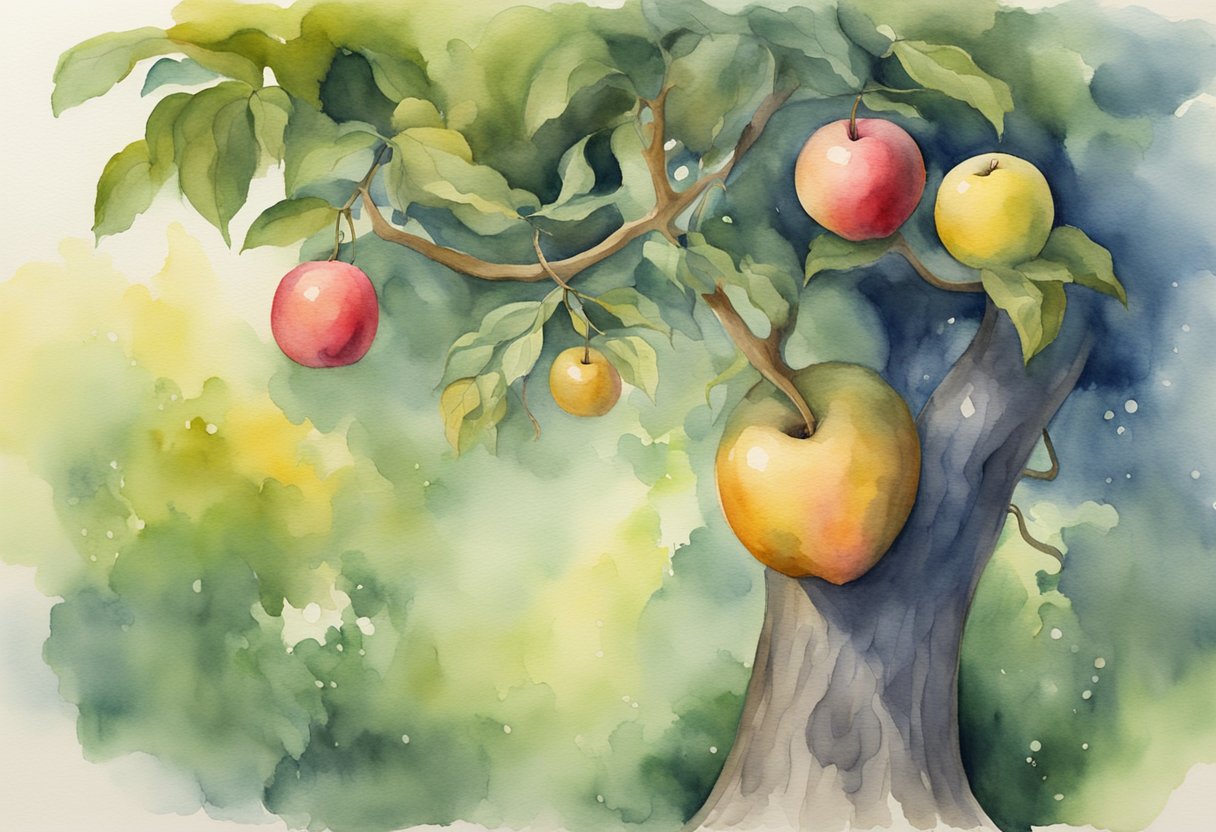 A forbidden fruit hanging from a tree, with a serpent coiled around the trunk, tempting the viewer