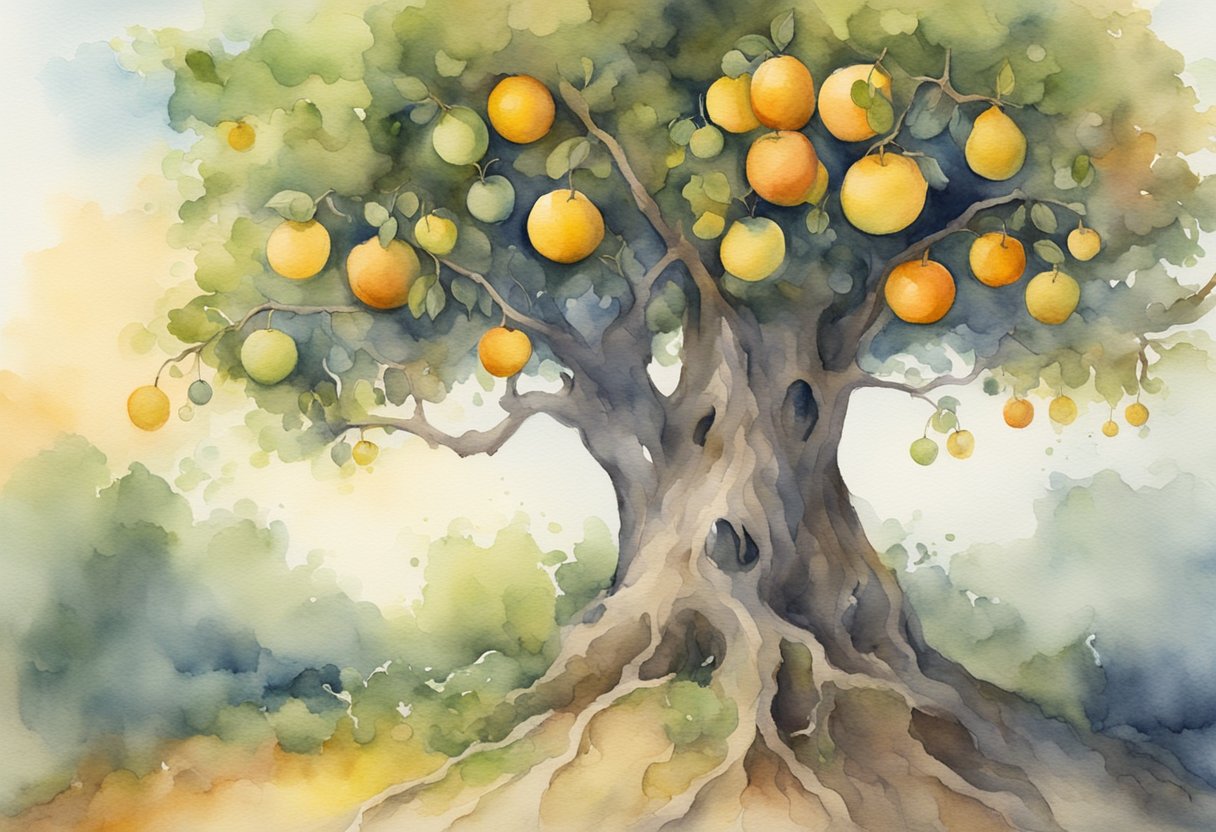 A tree bearing fruit with one side rotting, representing the concept of original sin vs. actual sin