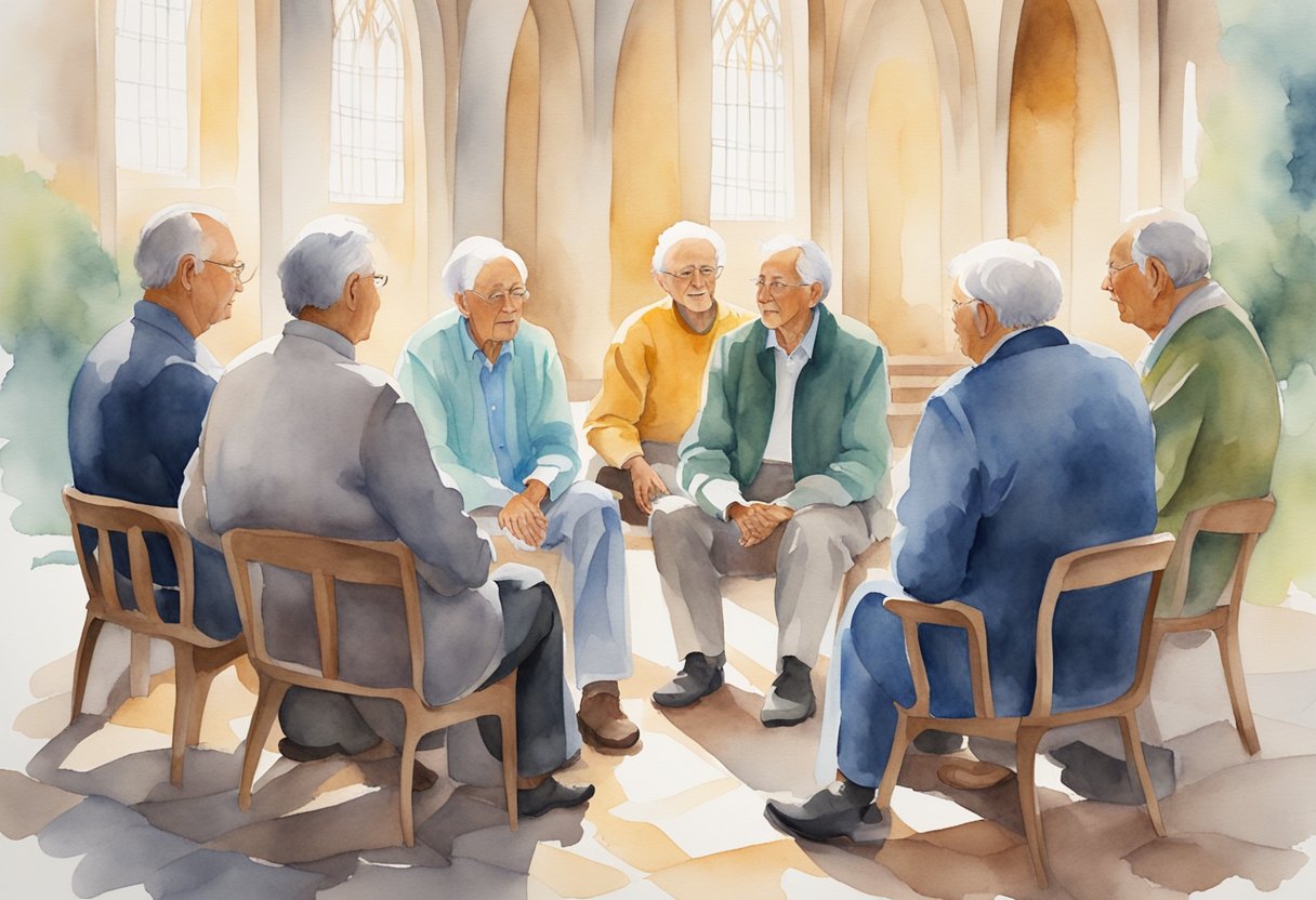 A group of elders gathered in a circle, discussing and making decisions in a church setting