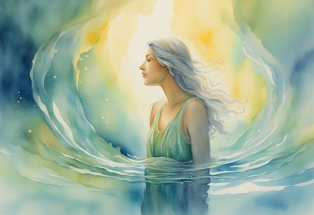 A figure submerged in water, surrounded by light, symbolizing rebirth and spiritual cleansing
