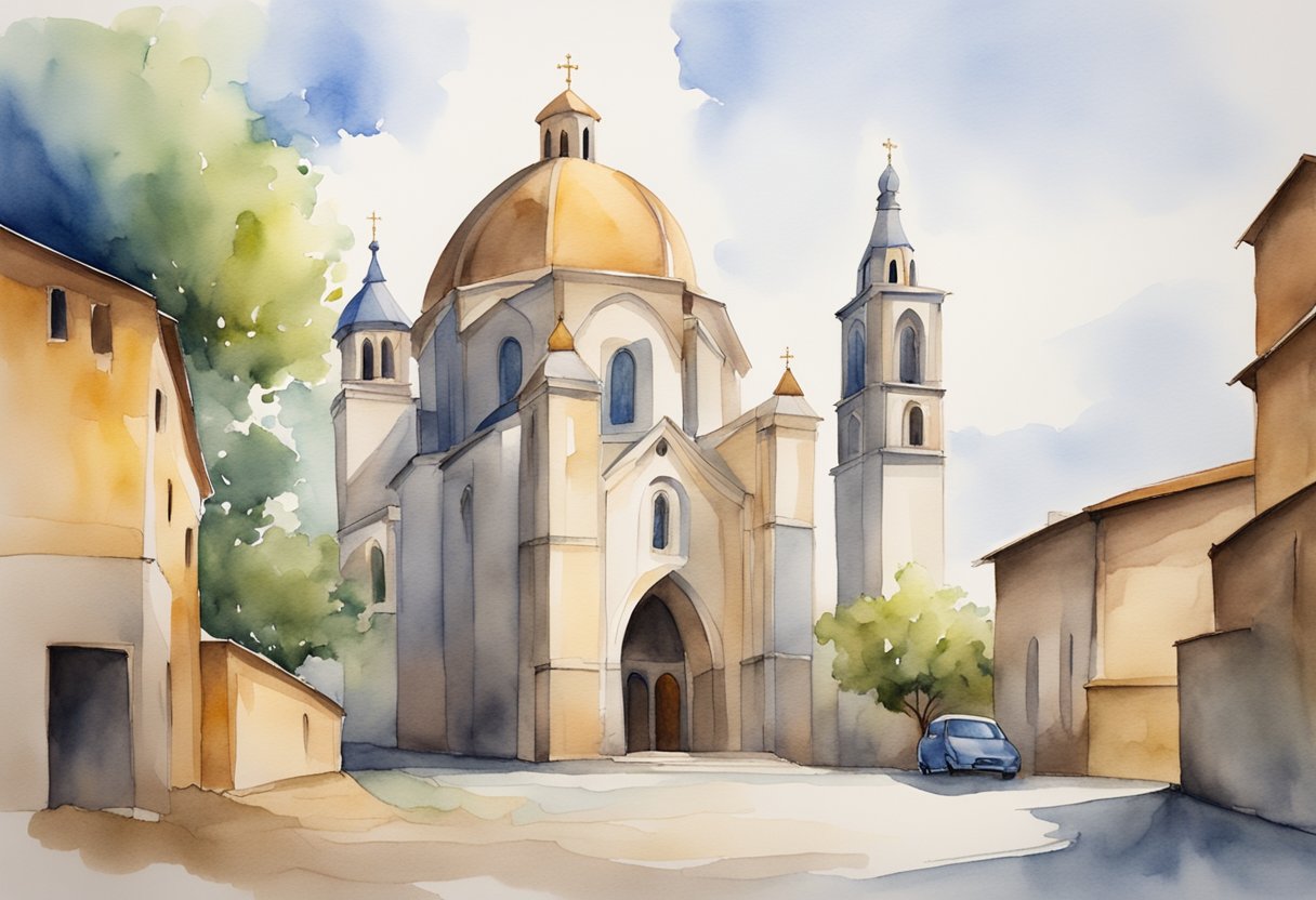 A grand, towering universal church stands in contrast to a humble local church nestled within a quaint village, symbolizing their differing roles and scale