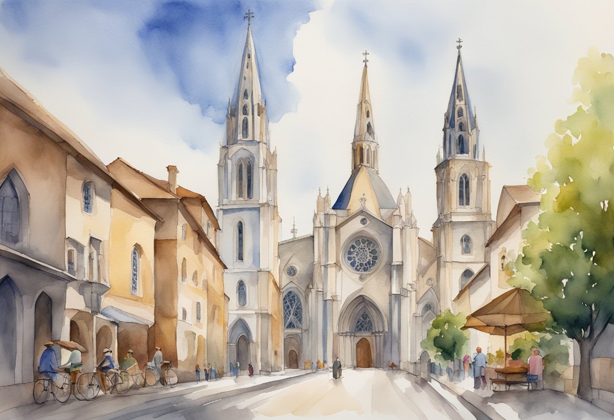 A grand cathedral with elaborate architecture stands tall, while a humble local church sits nestled in a quaint village, each representing the different roles and traditions of the universal church and the local church