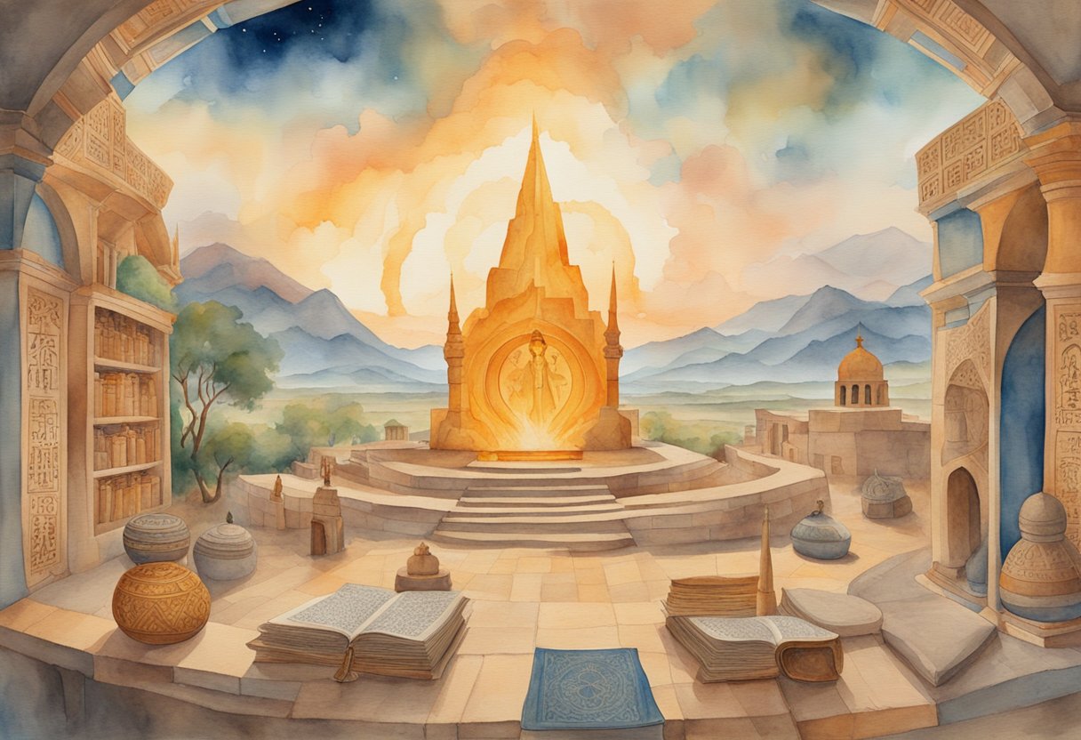 A fiery landscape with ancient religious texts and symbols, surrounded by diverse cultural artifacts and historical depictions