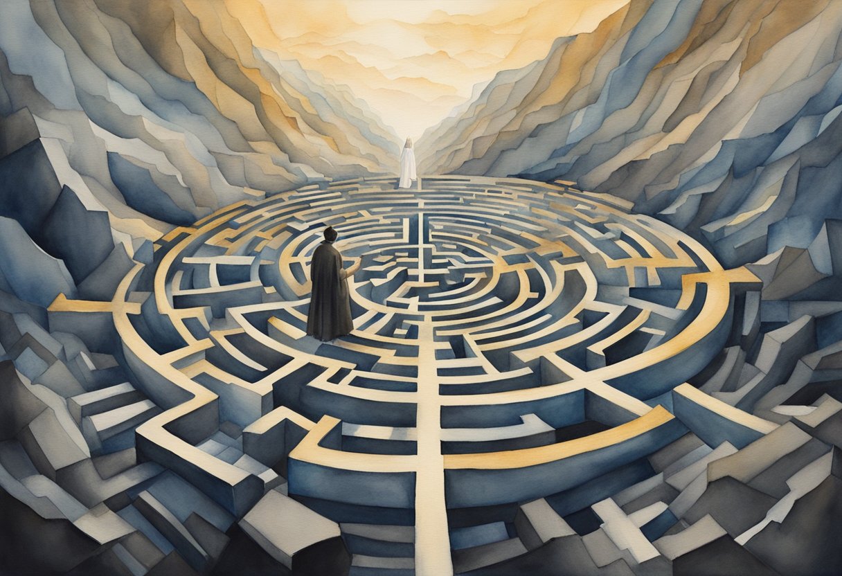 A figure surrounded by conflicting scriptural teachings, struggling to navigate a maze of misunderstandings in a dark, chaotic landscape