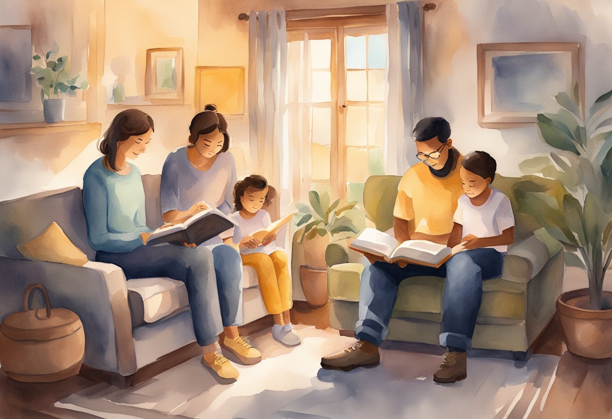 A family reading the Bible together at a cozy living room with warm lighting