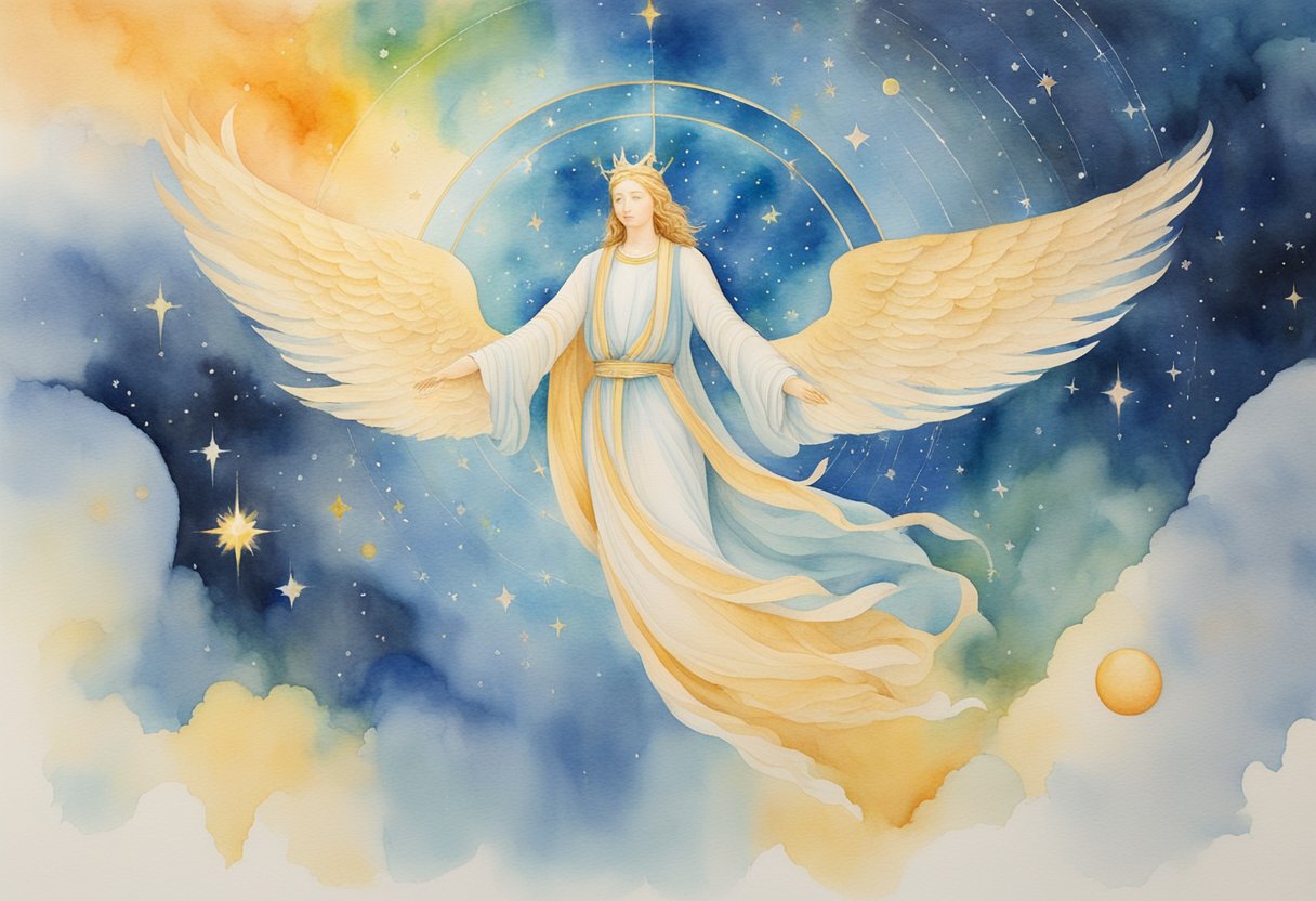 A radiant figure descending from the heavens, with celestial signs and symbols surrounding the earth