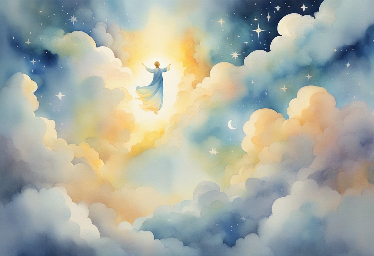 A bright, glowing figure descending from the clouds, surrounded by celestial symbols and heavenly light