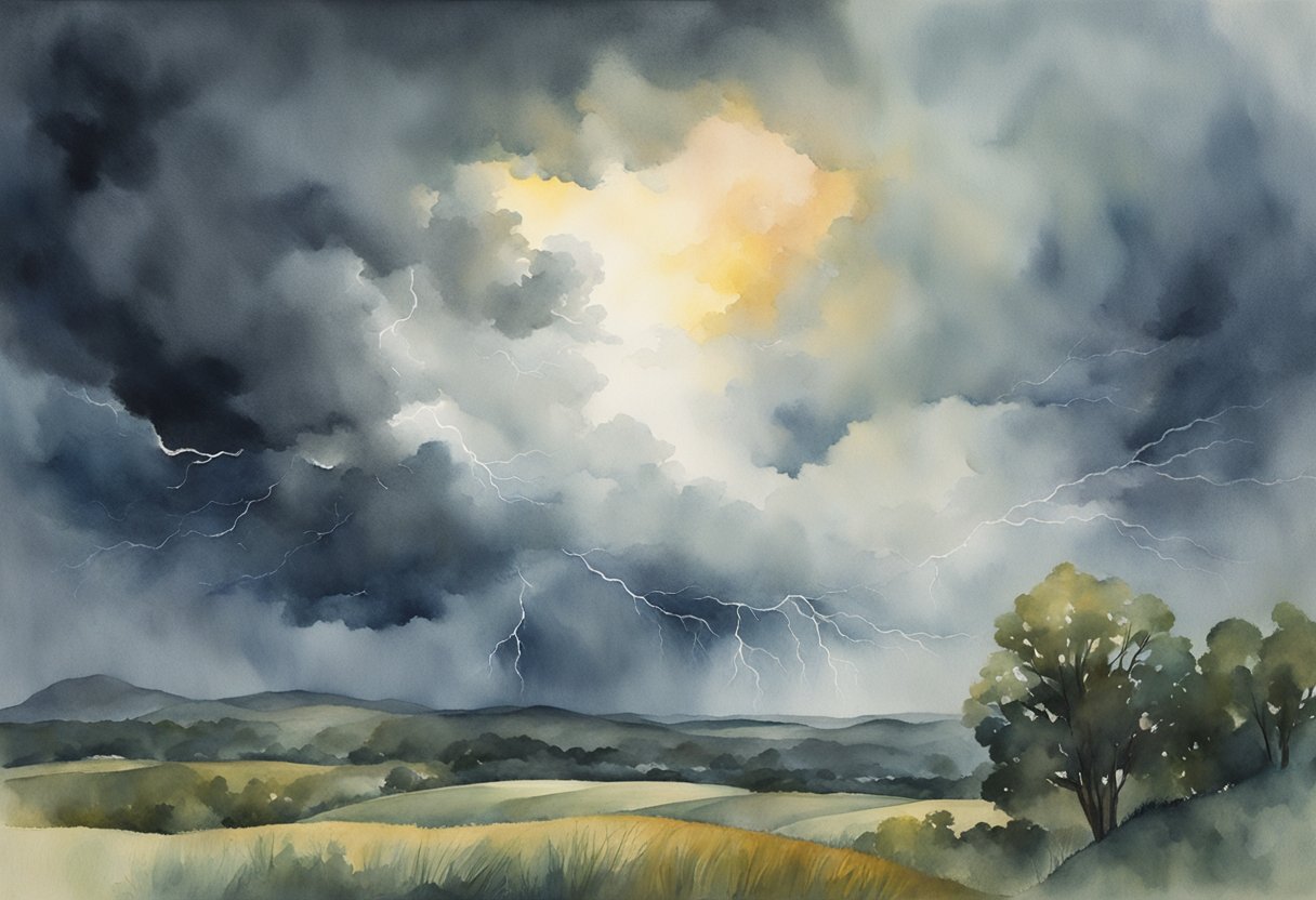 A darkened sky with lightning and storm clouds, a glowing figure descending from the heavens, and a sense of awe and anticipation among the people below