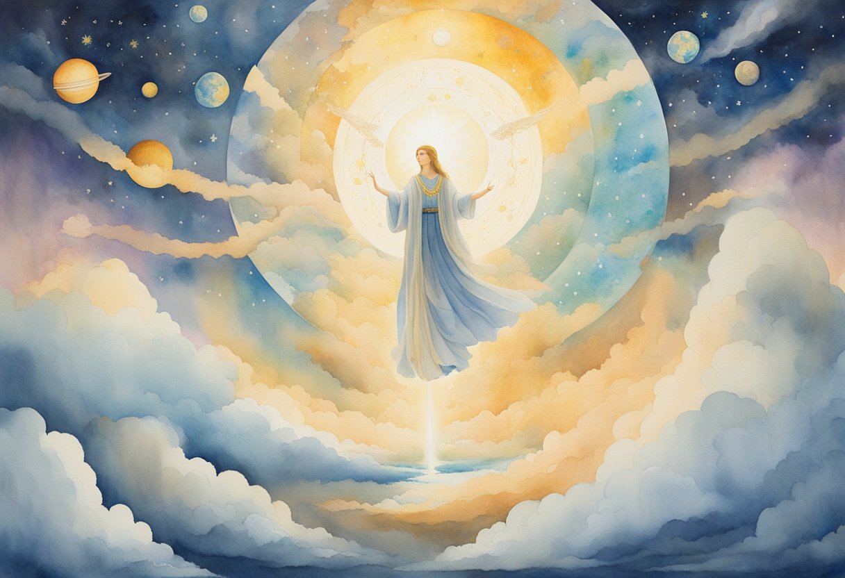 A bright, radiant figure descends from the clouds, surrounded by celestial signs and symbols, as the earth trembles below