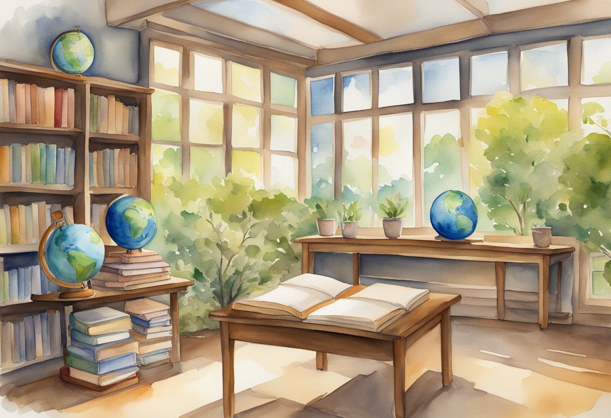 A serene classroom with books, a globe, and a peaceful atmosphere, surrounded by nature and a sense of spiritual guidance