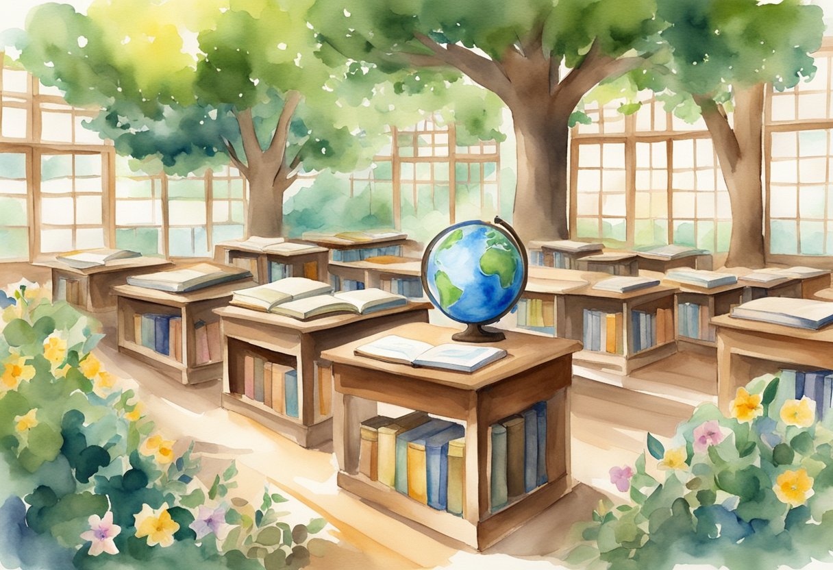 A serene classroom with books, a cross, and a globe, surrounded by natural elements like trees and flowers, symbolizing the holistic approach of Christian education