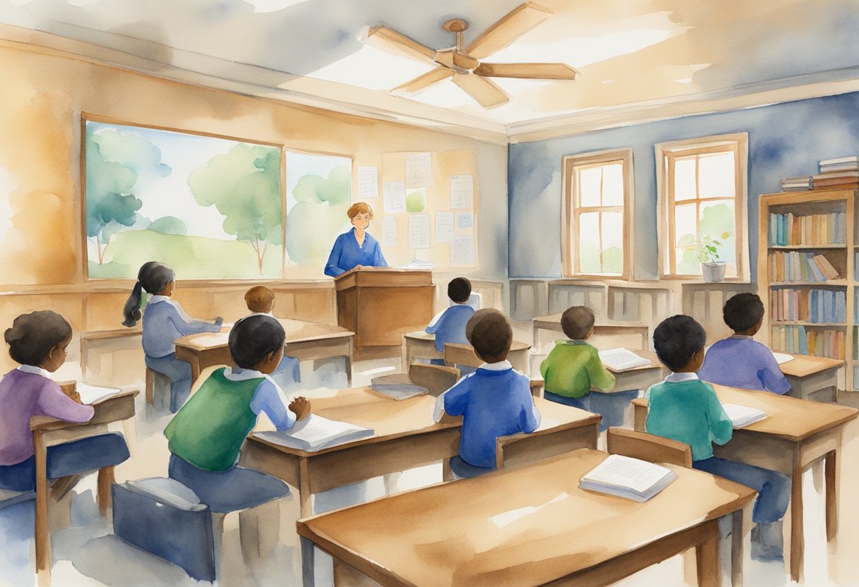 A serene classroom setting with open books, a cross on the wall, and a teacher guiding students in discussion and reflection
