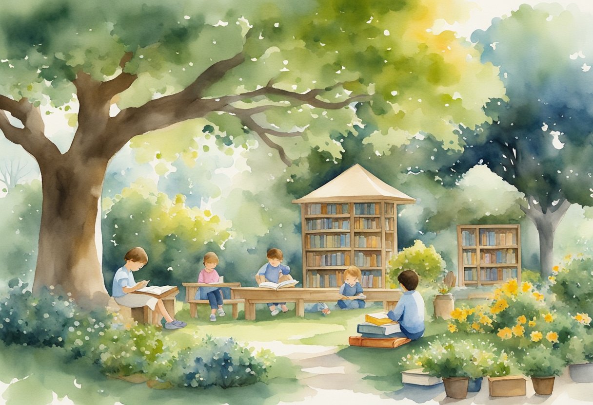 A serene garden with children studying under a tree, surrounded by books and symbols of faith