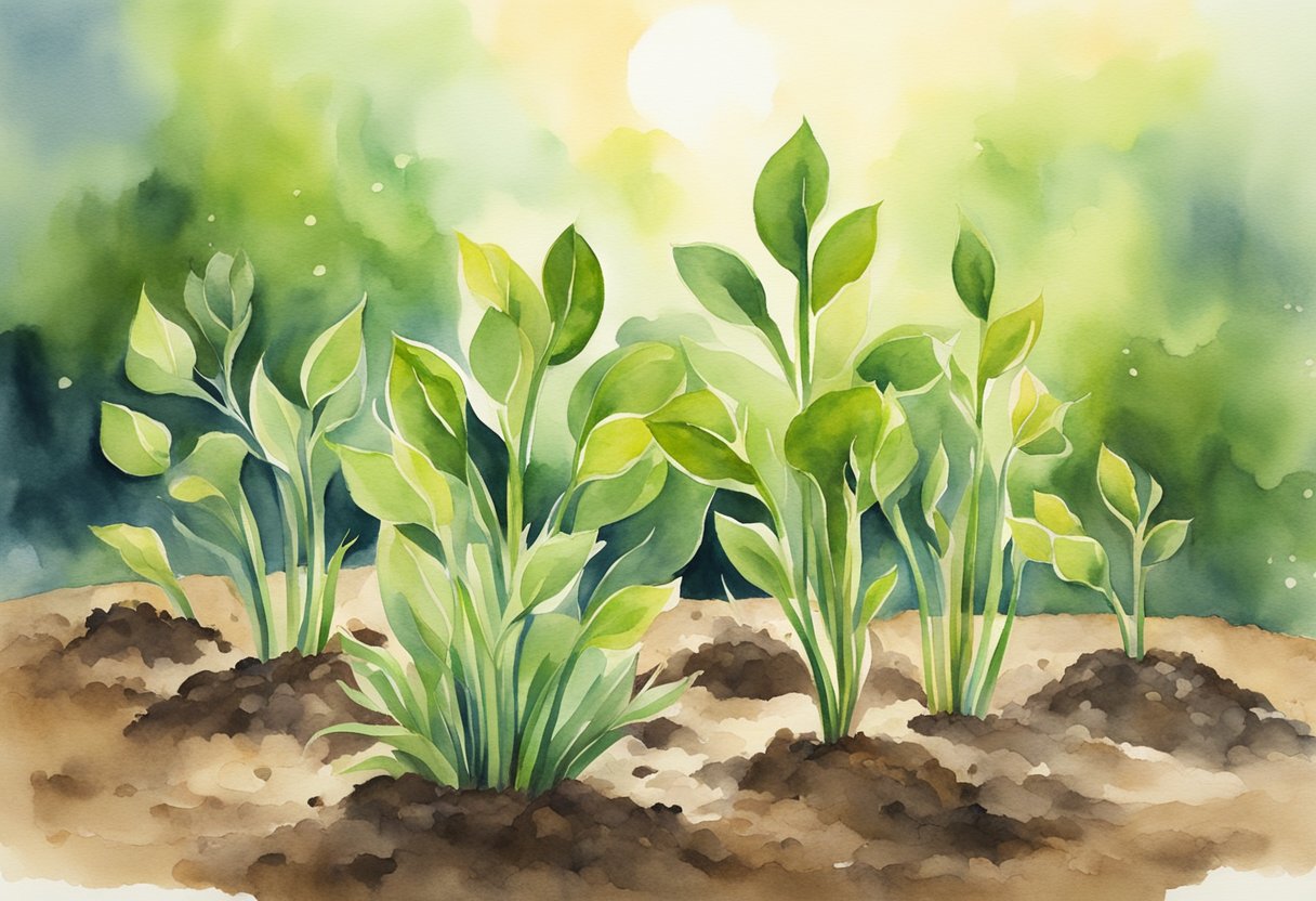 A group of young plants growing in rich soil, reaching towards the sunlight, symbolizing the nurturing of minds and souls in Christian education