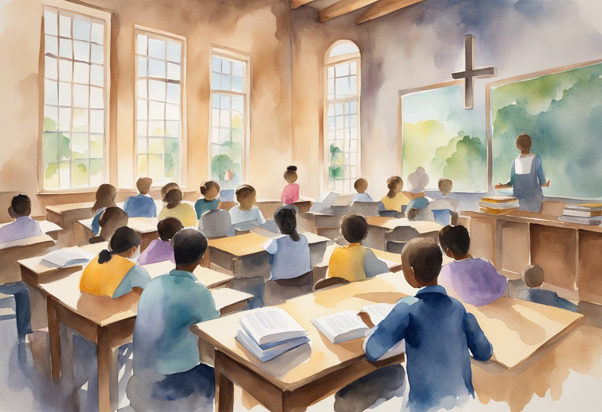 A classroom with open books, a cross on the wall, and students engaged in discussion and reflection