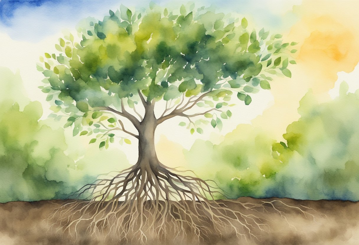 A tree growing from a seed, reaching towards the sky, with roots extending deep into the ground, symbolizing continual growth and transformation in Christian education philosophy