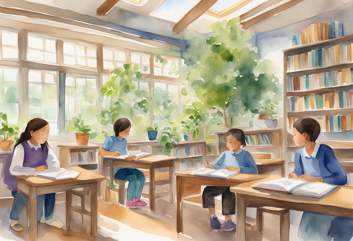 A serene classroom with open windows, natural light, and vibrant greenery. A teacher and students engage in meaningful discussions, surrounded by books and educational materials