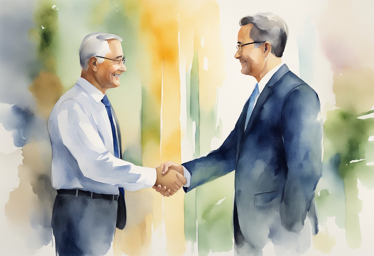 A businessman shaking hands with a client, both with sincere expressions