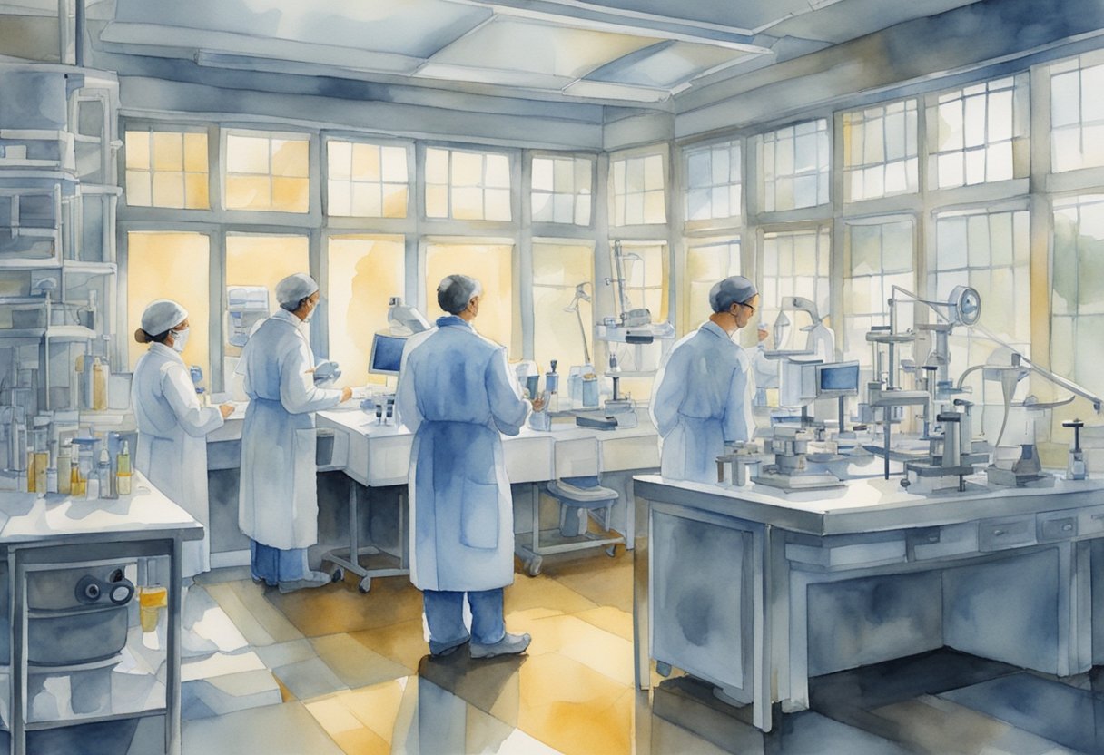 A laboratory setting with advanced medical equipment and researchers discussing ethical dilemmas in bioethics