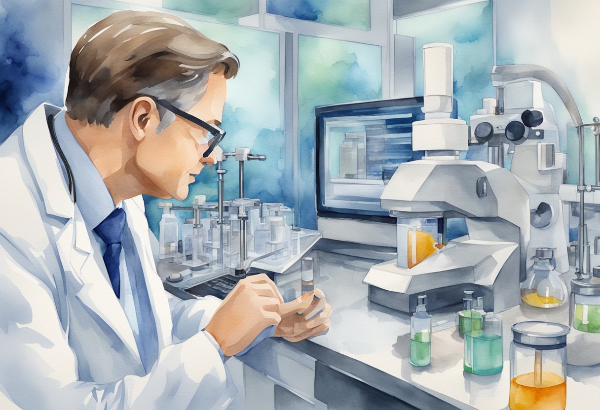 A doctor and a scientist discussing medical technology and research in a modern laboratory setting, with various advanced equipment and tools present