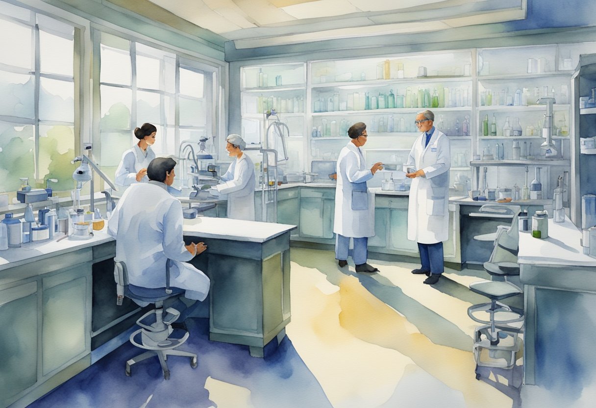 A laboratory with advanced medical equipment and researchers discussing bioethical issues in patient care