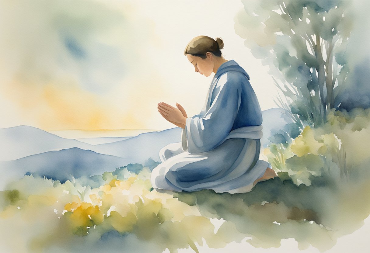 A figure kneeling in prayer, surrounded by soft light, with a sense of peace and comfort emanating from the presence of a divine being