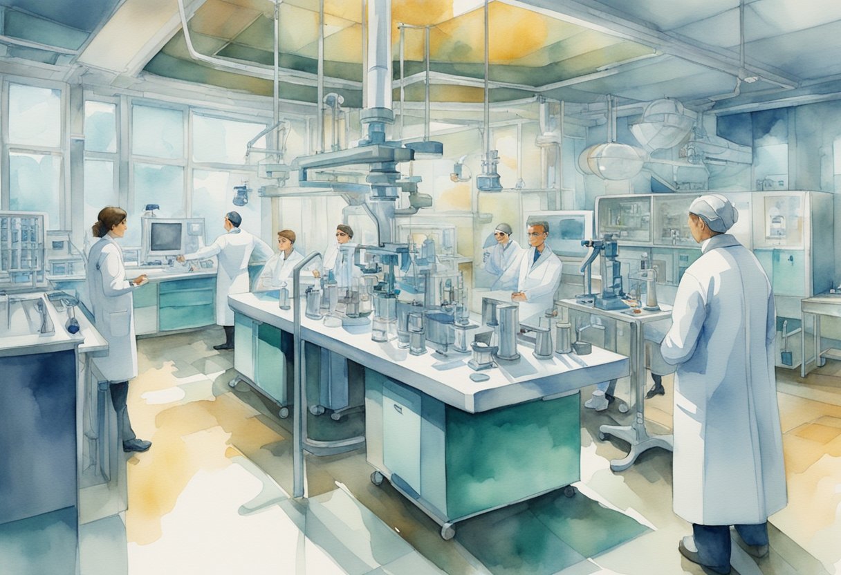 A laboratory with futuristic medical equipment and researchers engaged in advanced technology and ethical discussions