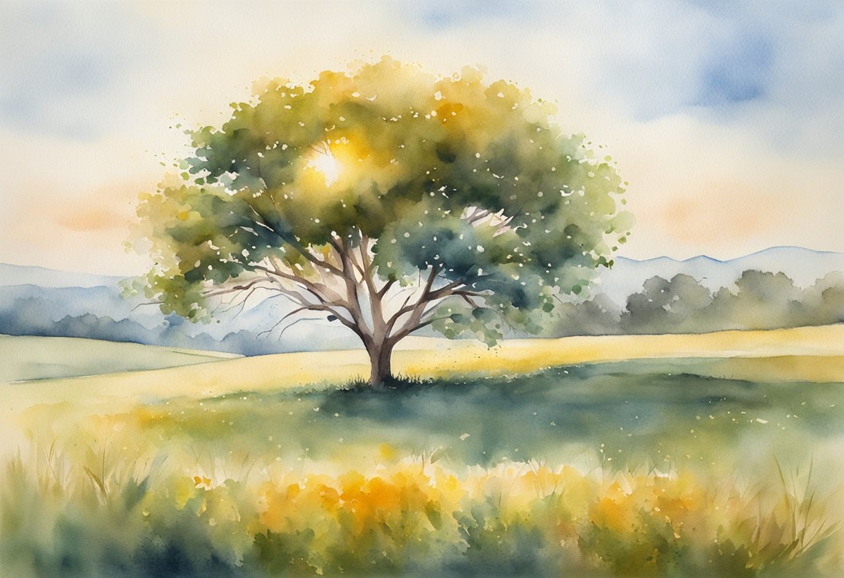 A solitary tree stands tall in a serene meadow, bathed in warm sunlight. A gentle breeze rustles its leaves, as a small bird perches on a branch, symbolizing hope and comfort