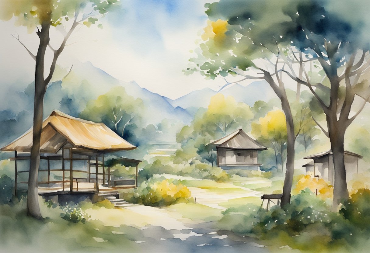 A serene landscape with a mix of traditional and modern technology being used harmoniously for the betterment of society