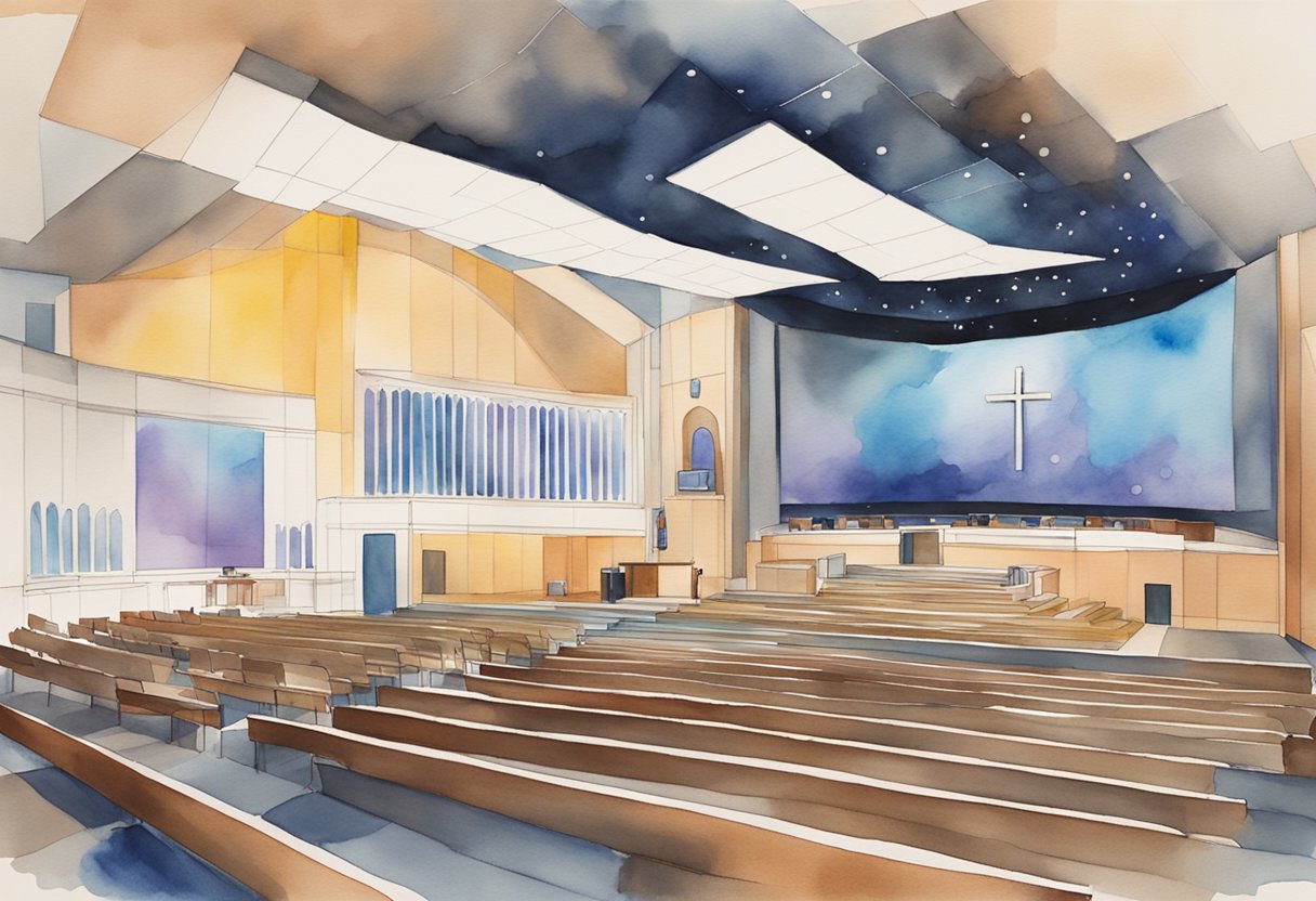 A modern church with technology integrated into worship: projection screens, sound systems, and online outreach