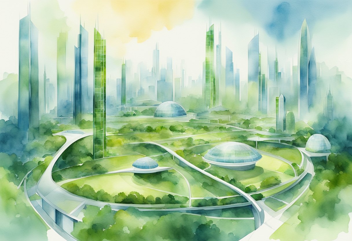 A futuristic city skyline with advanced technology integrated into the architecture, alongside green spaces and renewable energy sources