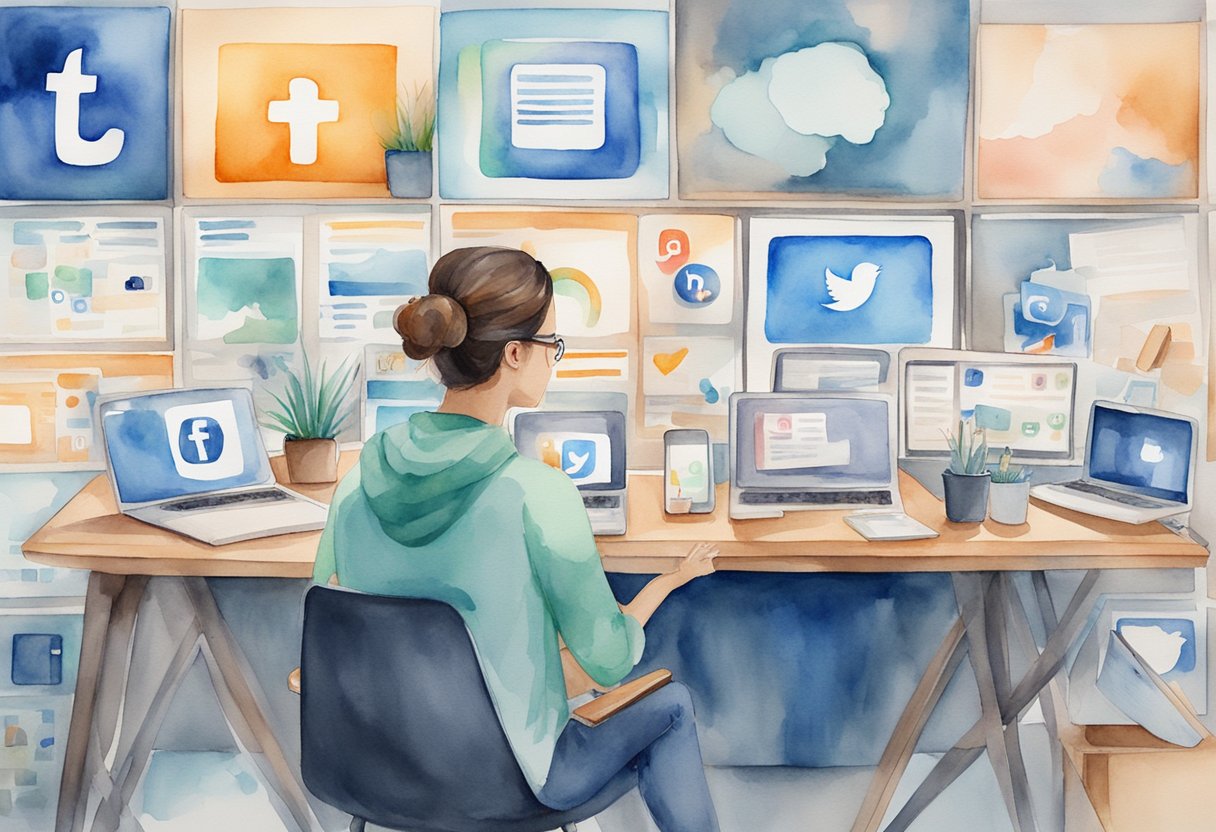 A person sitting at a desk, surrounded by screens displaying various social media platforms. They are scrolling through content with a thoughtful expression
