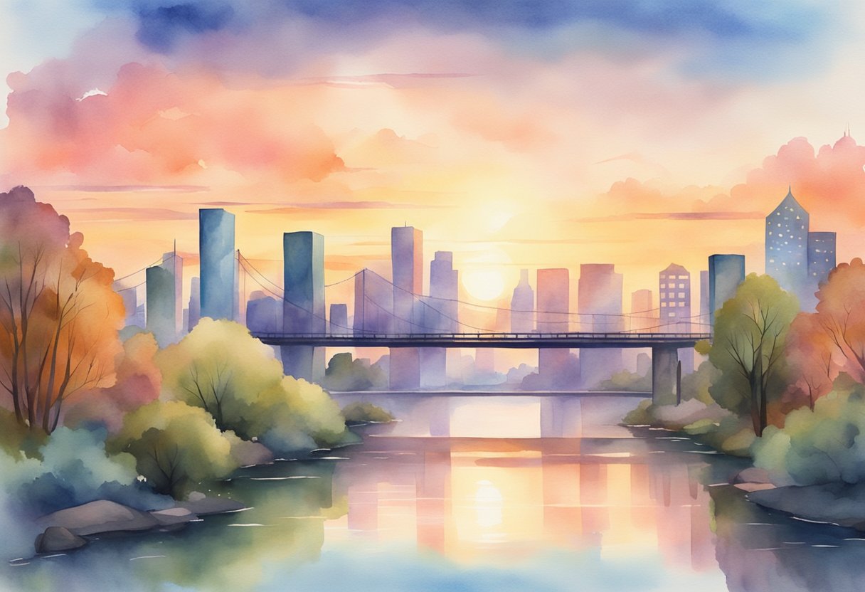A serene landscape with a glowing sunset, a calm river, and a bridge leading to a digital cityscape with various social media icons