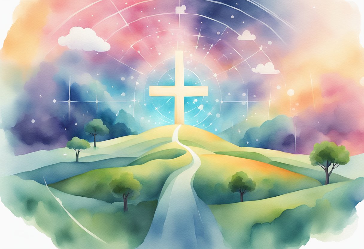 A serene digital landscape with a glowing cross at the center, surrounded by symbols of social media platforms. Rays of light emanate from the cross, illuminating the surrounding space