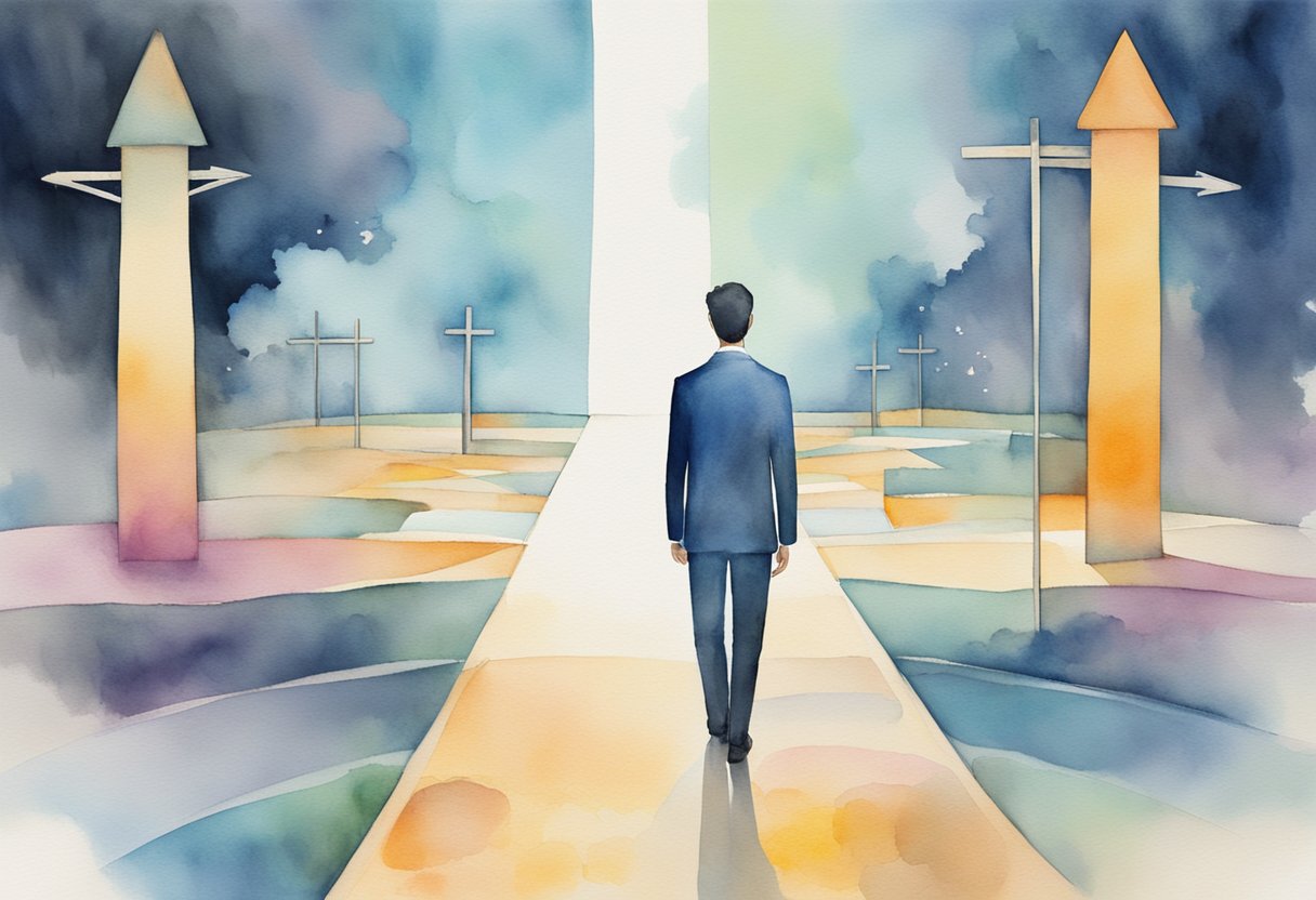 A figure standing at a crossroads, with one path leading to obstacles and the other to open opportunities, surrounded by digital symbols and icons