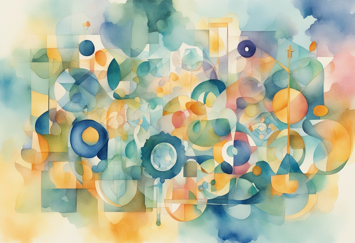 A diverse group of abstract shapes and symbols interweaving and connecting on a digital platform, representing engagement and action for social justice from a Christian perspective