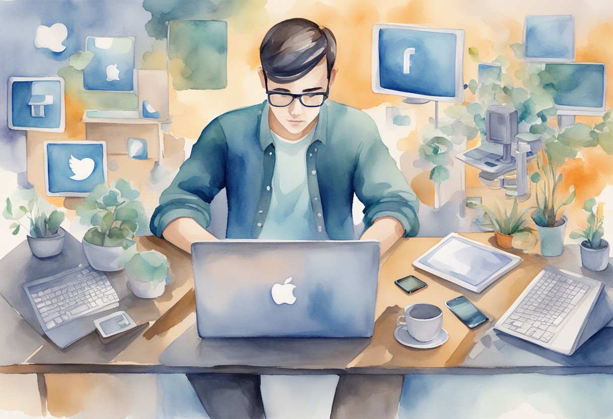 A person sitting at a desk, surrounded by various digital devices and screens, with a thoughtful expression on their face as they navigate through social media platforms