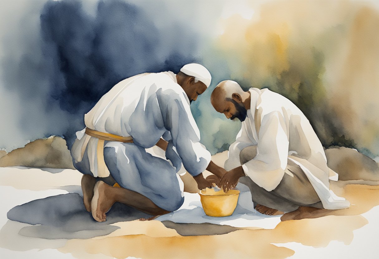 A figure kneeling to wash the feet of another, symbolizing humility and service